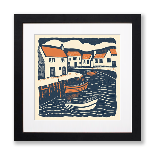 Broadland village with boat moorings Linoprint-Style Art (1964-1)