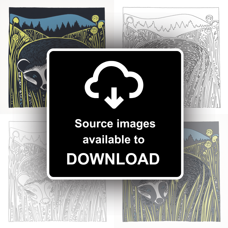 Cute Baby Badger Linoprint-Style Art (1190-1)