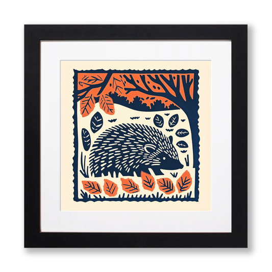 Hedgehog in autumn leaves Linoprint-Style Art (94-1)