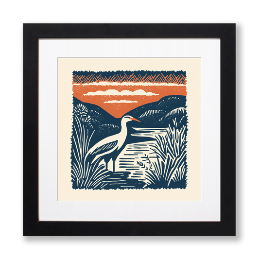 Heron in marshland Linoprint-Style Art (95-2)