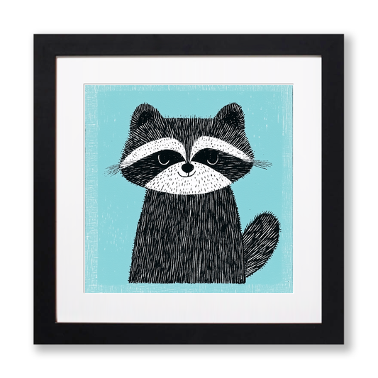 Cute Raccoon Kit Linoprint-Style Art (640-1)