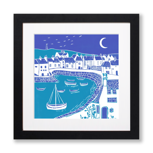 Mousehole Harbour, Cornwall Linoprint-Style Art (1096-1)
