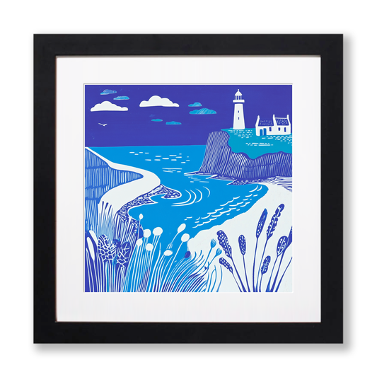 Happisburgh lighthouse and cliffs Linoprint-Style Art (1793-1)