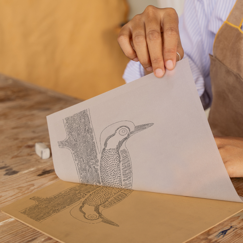 Woodpecker on tree trunk Linoprint-Style Art (741-2)