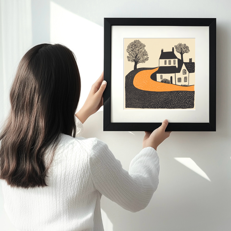 Gold Hill, Shaftesbury Linoprint-Style Art (177-2)