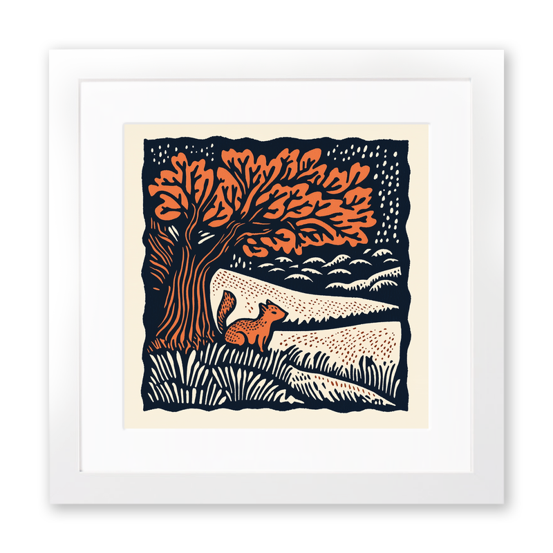Oak tree with squirrel Linoprint-Style Art (102-3)