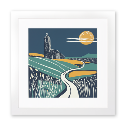 Church tower rising from flat fields Linoprint-Style Art (1869-1)