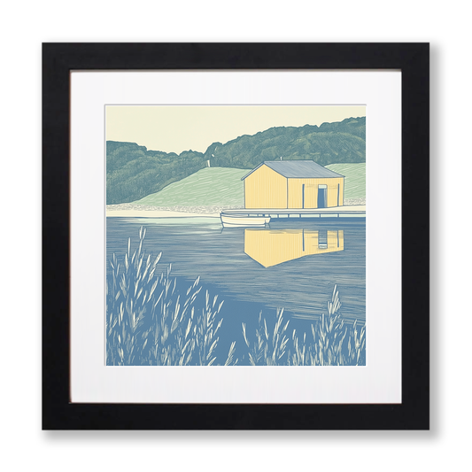 Boathouse reflection Linoprint-Style Art (2370-1)