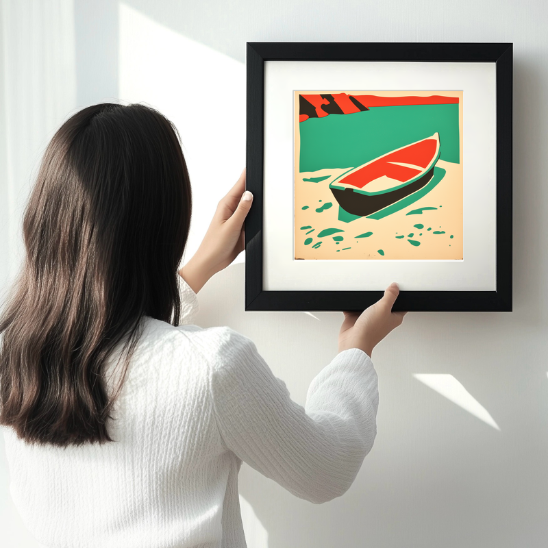 Beached dinghy in the mud Linoprint-Style Art (2159-1)