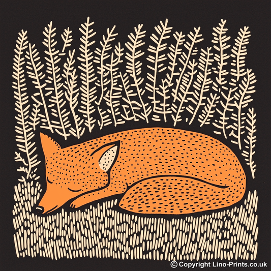 Ferns with resting fox Linoprint-Style Art (252-1)