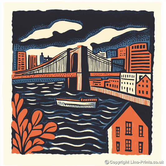 New York Brooklyn Bridge Linoprint-Style Art (22-5)