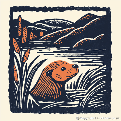 Cute Baby Beaver Linoprint-Style Art (44-2)