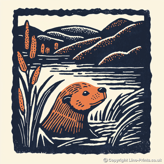 Cute Baby Beaver Linoprint-Style Art (44-2)