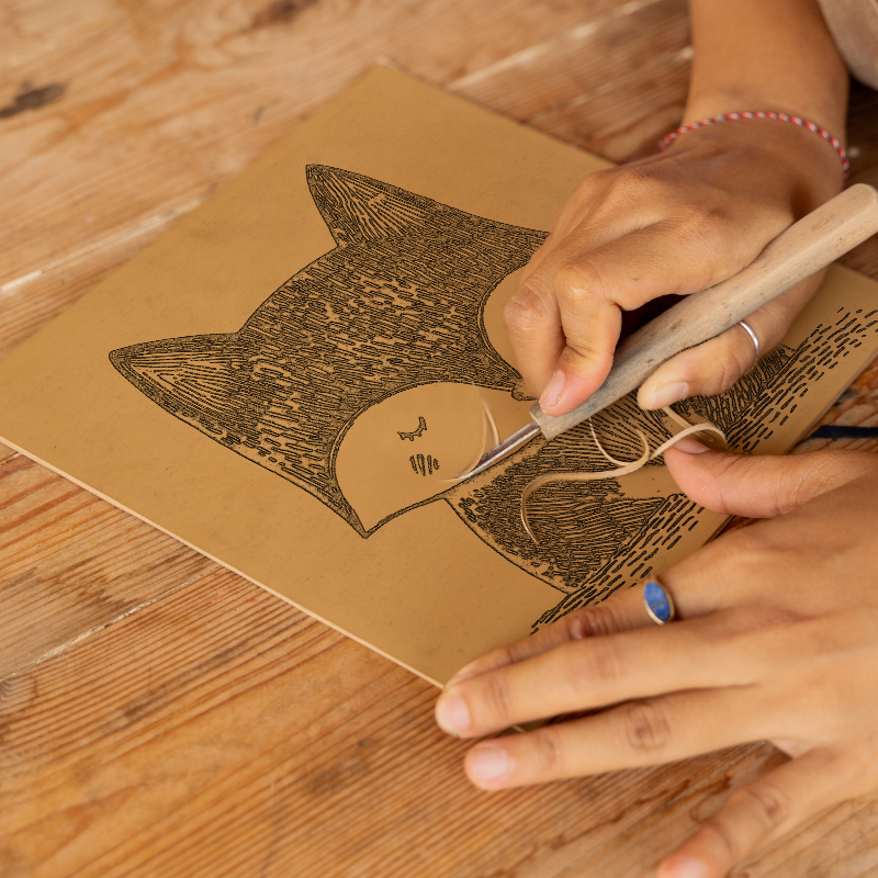 Cute Fox Cub Linoprint-Style Art (622-1)