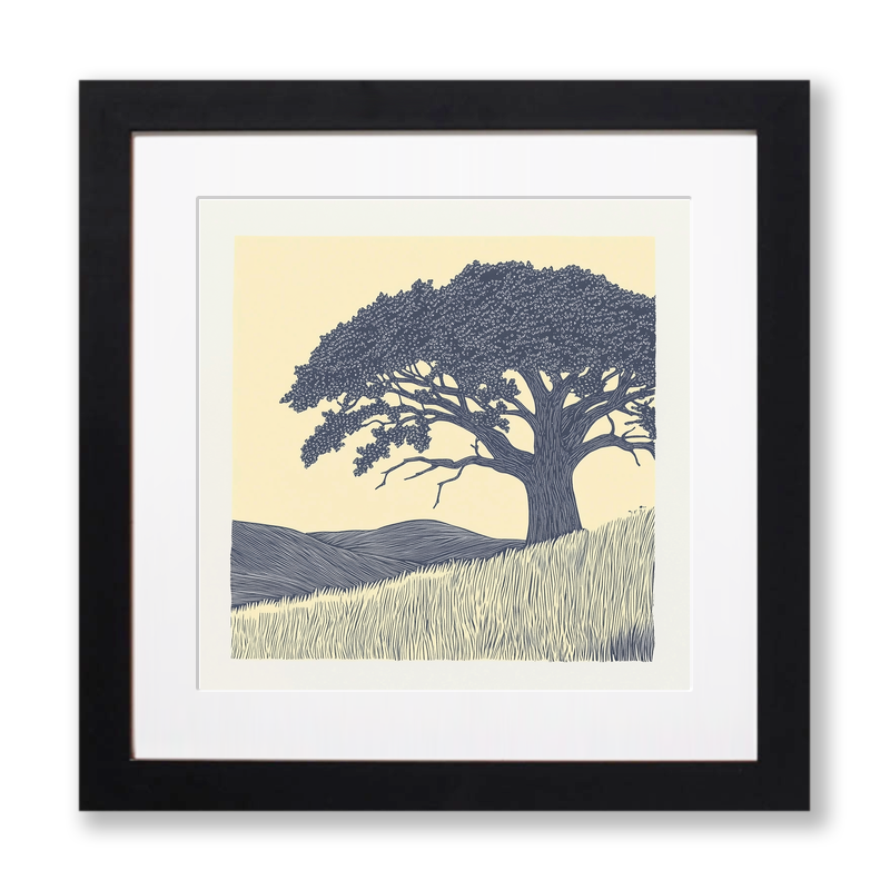 Sturdy oak tree silhouette Linoprint-Style Art (2568-1)