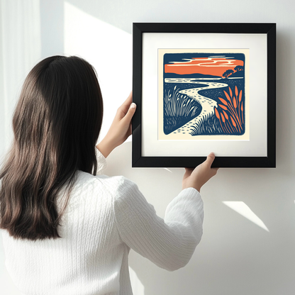 Blakeney marshes at sunset Linoprint-Style Art (1960-1)