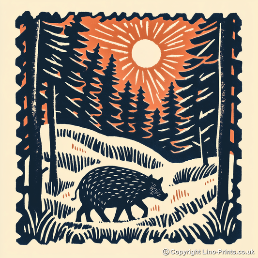 Wild boar in forest Linoprint-Style Art (117-2)