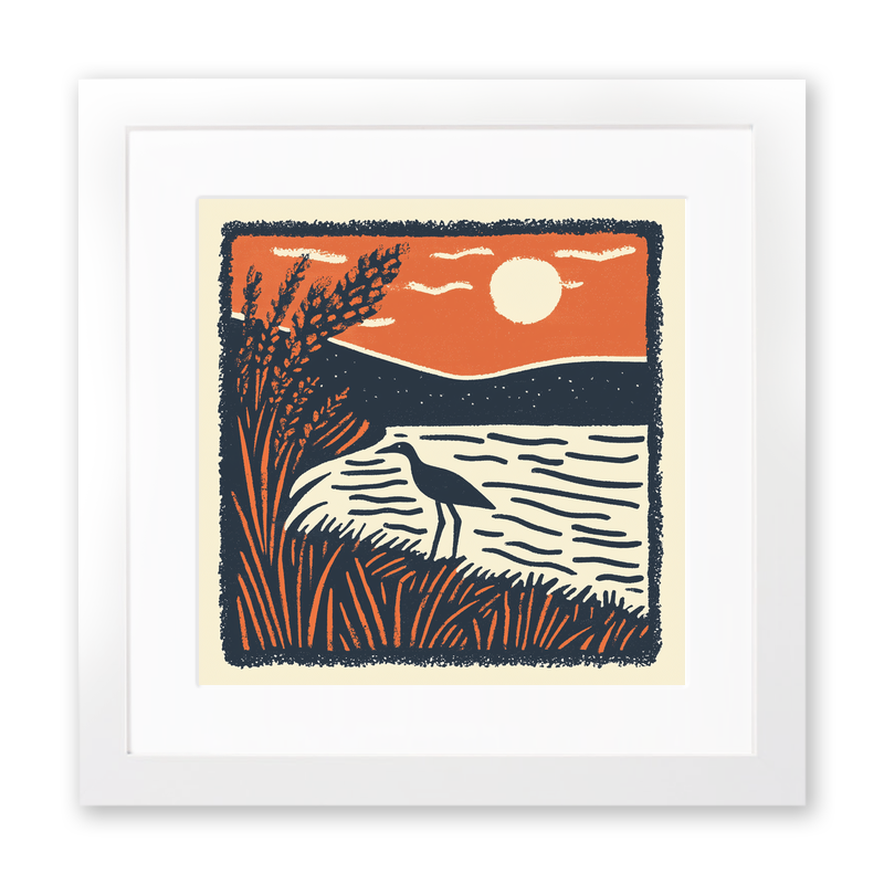 Curlew calling in the shallows Linoprint-Style Art (1978-1)