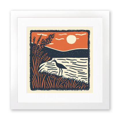 Curlew calling in the shallows Linoprint-Style Art (1978-1)