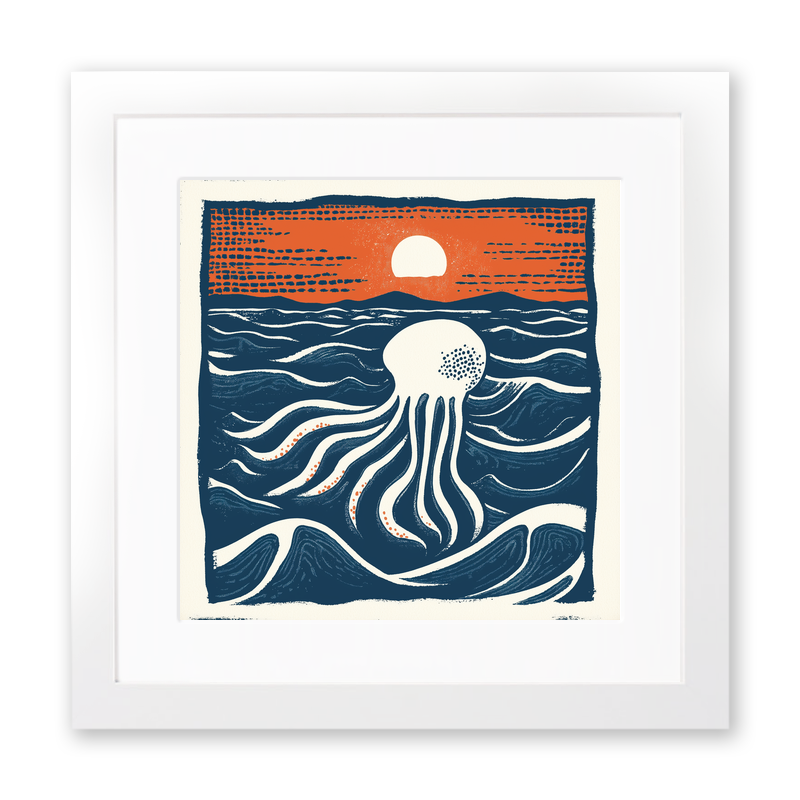 Jellyfish drifting in deep water Linoprint-Style Art (96-1)