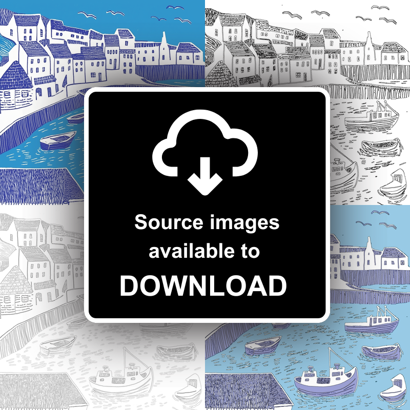 Looe Harbour, Cornwall Linoprint-Style Art (1092-1)