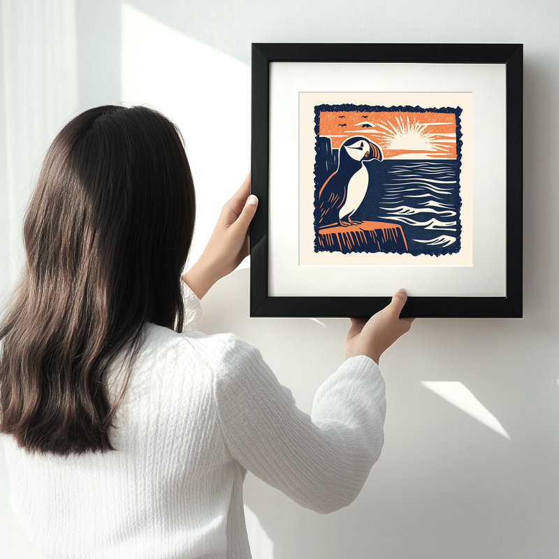 Puffin at the edge of the cliff Linoprint-Style Art (2017-1)