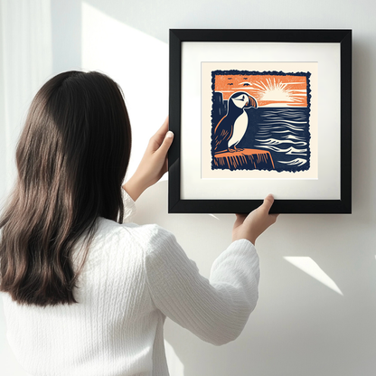 Puffin at the edge of the cliff Linoprint-Style Art (2017-1)
