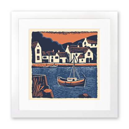 Looe Harbour, Cornwall Linoprint-Style Art (138-1)