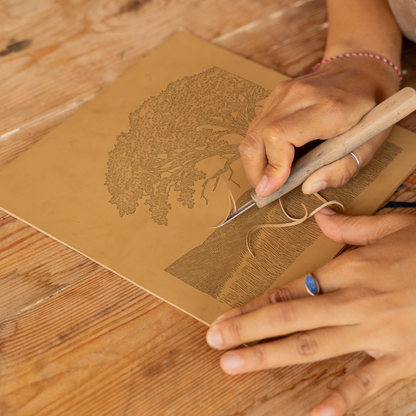 Sturdy oak tree silhouette Linoprint-Style Art (2568-1)