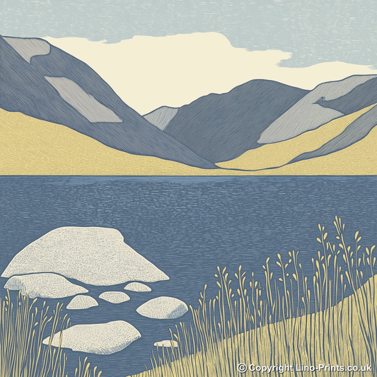 Wast Water screes in the Lake District Linoprint-Style Art (2595-1)