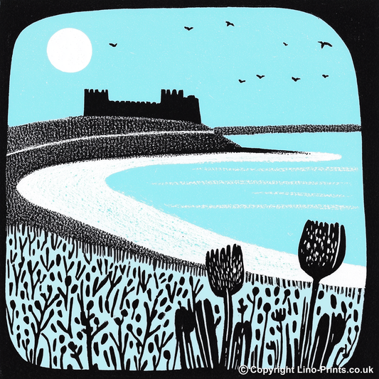 Bamburgh Beach and Castle, Northumberland Linoprint-Style Art (785-1)