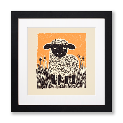 Cute Lamb   Linoprint-Style Art (226-1)
