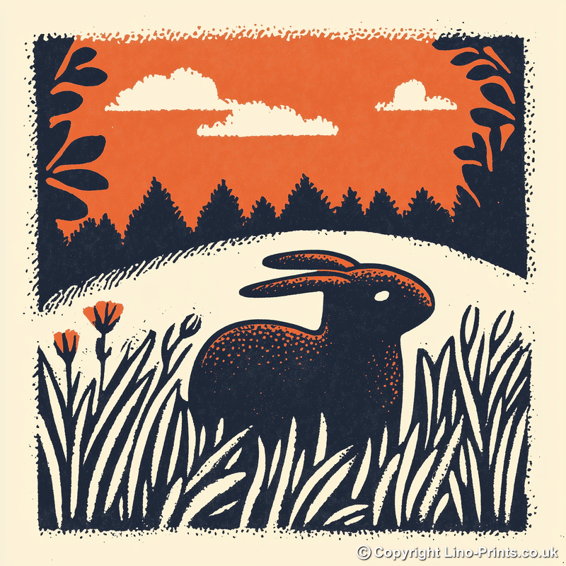 Cute Bunny Linoprint-Style Art (47-4)
