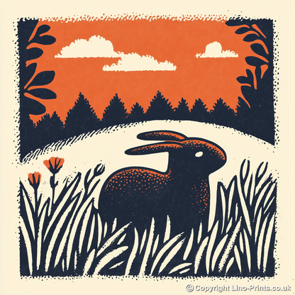 Cute Bunny Linoprint-Style Art (47-4)