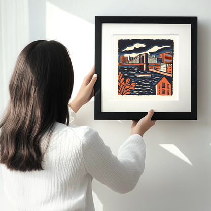 New York Brooklyn Bridge Linoprint-Style Art (22-5)