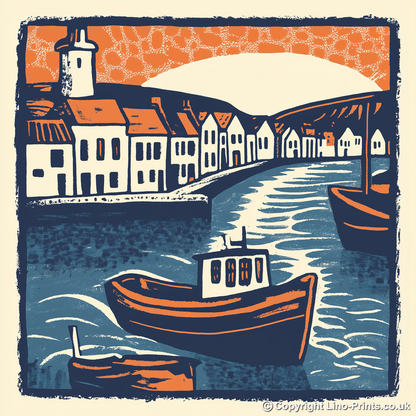 Mevagissey Harbour Linoprint-Style Art (501-1)