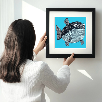 Pufferfish Linoprint-Style Art (764-1)
