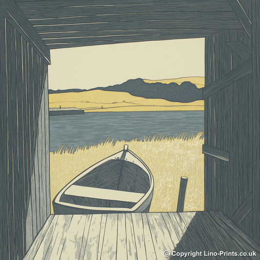 Boat inside open boathouse Linoprint-Style Art (2368-1)