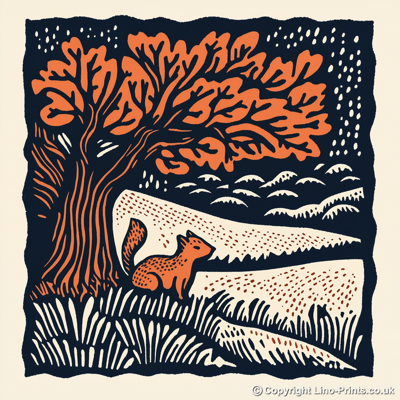 Oak tree with squirrel Linoprint-Style Art (102-3)