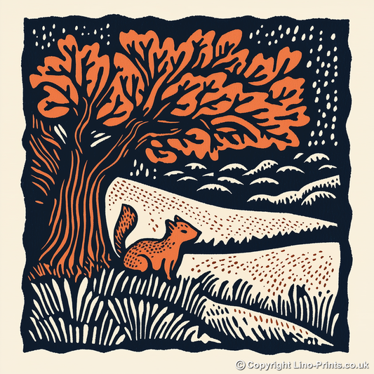 Oak tree with squirrel Linoprint-Style Art (102-3)