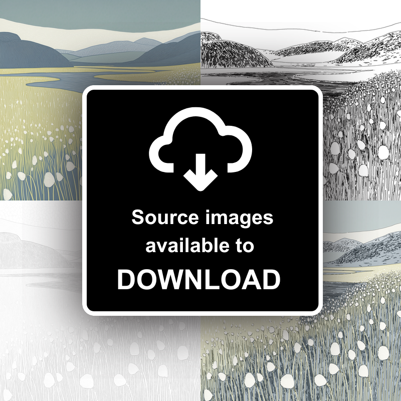 Cotton grass bog Linoprint-Style Art (2394-1)