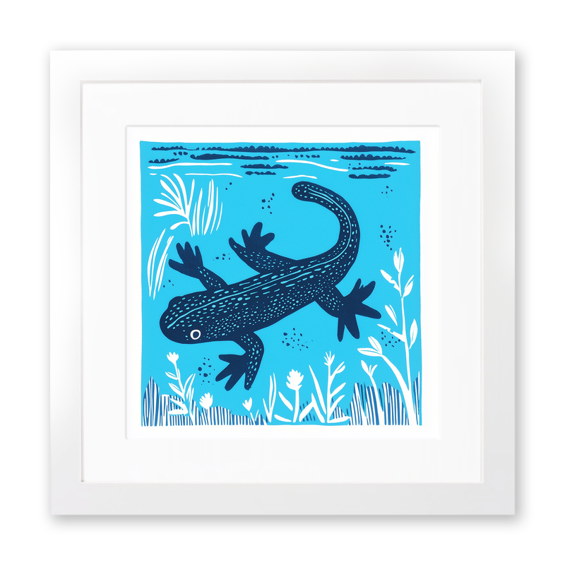 Newt in clear water Linoprint-Style Art (1015-1)