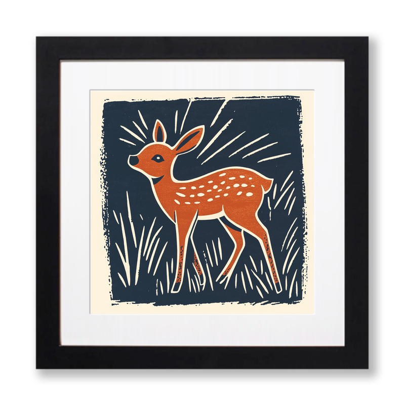 Cute Fawn (Baby Deer)   Linoprint-Style Art (55-1)