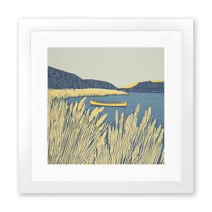 Canoe in reeds at Elterwater Linoprint-Style Art (2380-2)