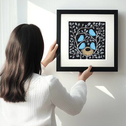 Brambles with birds nesting Linoprint-Style Art (709-2)