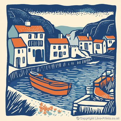 Polperro Harbour, Cornwall Linoprint-Style Art (144-1)
