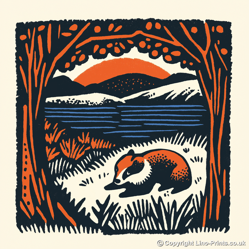 Cute Baby Badger Linoprint-Style Art (43-4)