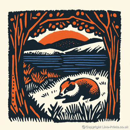Cute Baby Badger Linoprint-Style Art (43-4)