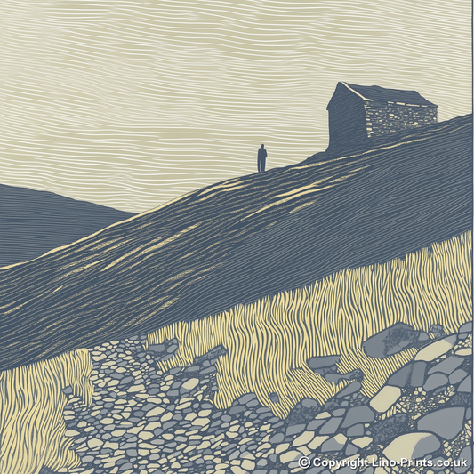 Ruin silhouette on a fellside Linoprint-Style Art (2525-2)