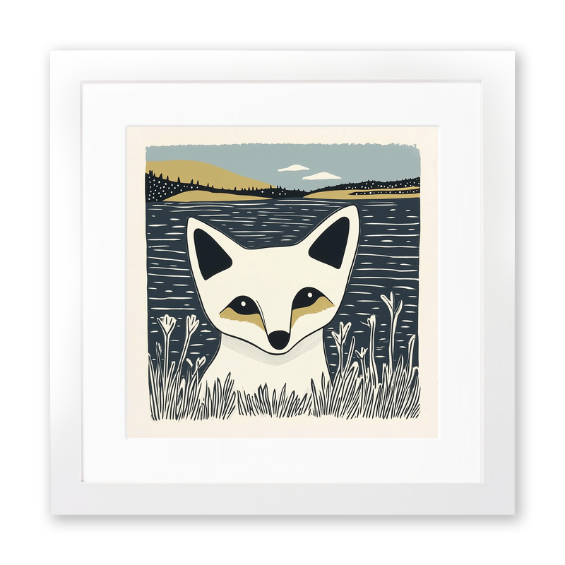 Cute Arctic Fox Pup Linoprint-Style Art (1189-1)